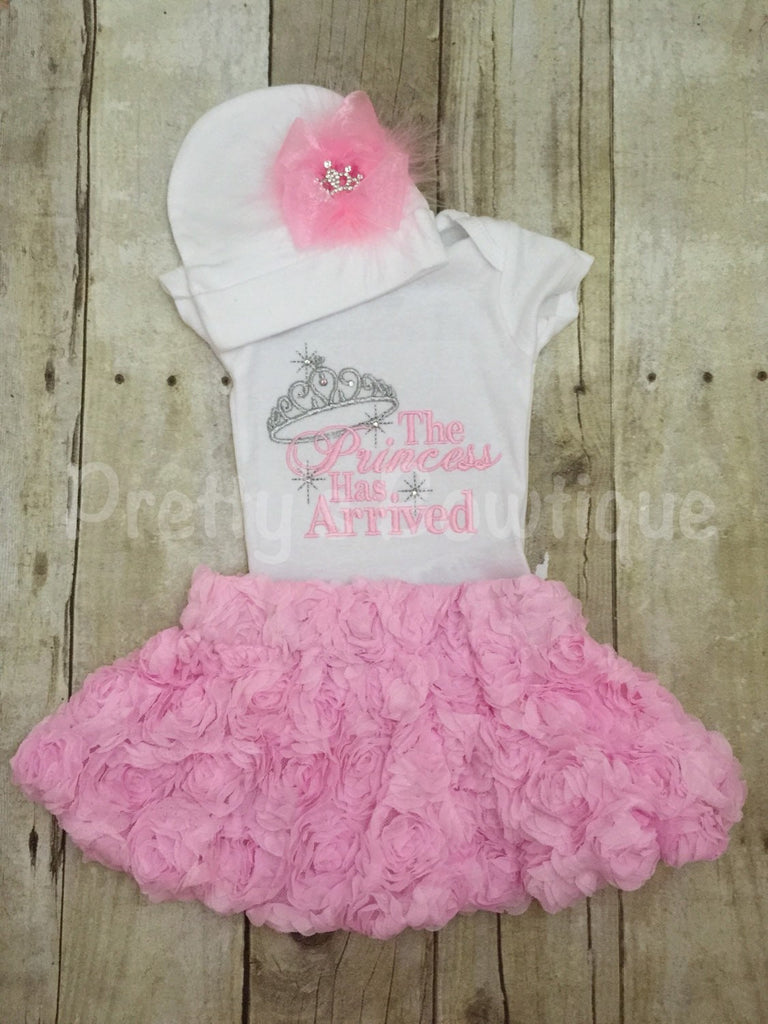 The Princess has arrived shirt or bodysuit, beanie hat and skirt.  Perfect for hospital or coming home outfi - Pretty's Bowtique