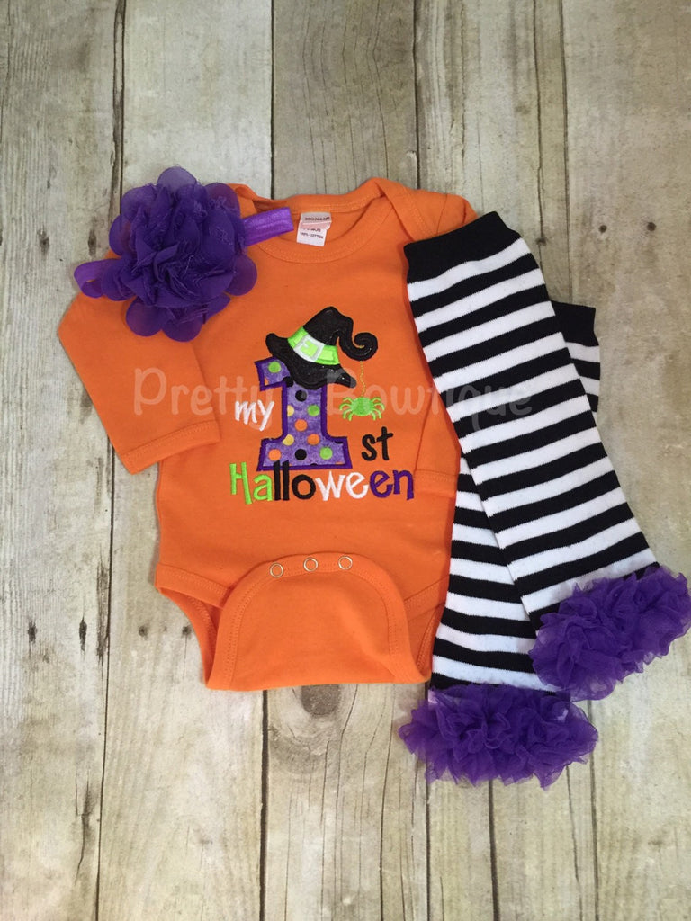 My 1st Halloween - Girls Applique Orange Shirt or Bodysuit , headband, and legwarmers Adorable orange - Pretty's Bowtique