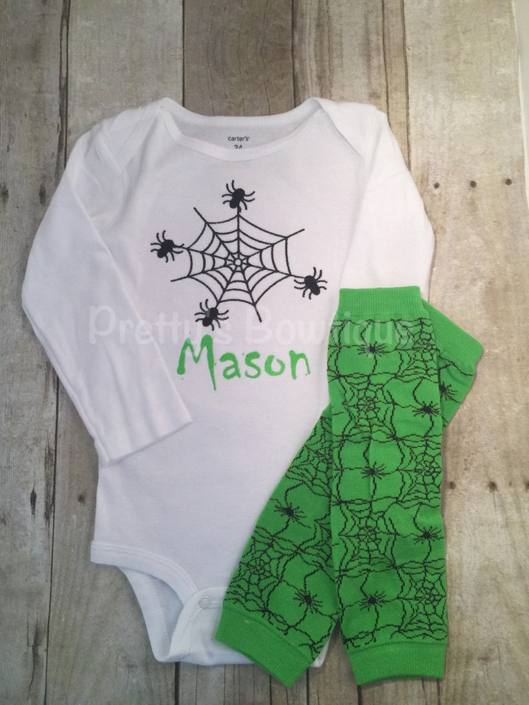Boys halloween shirt ir bodysuit - Spider web personalized boys outfit bodysuit or shirt and legwarmers. Halloween outfit - Pretty's Bowtique