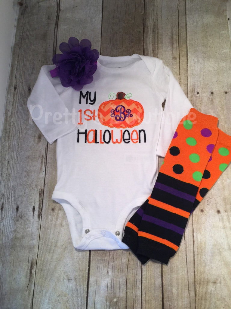 First Halloween Baby Girl 3-Piece Outfit for Newborn to Youth 14 with Shirt or Bodysuit, Leg Warmers and Headband - Pretty's Bowtique