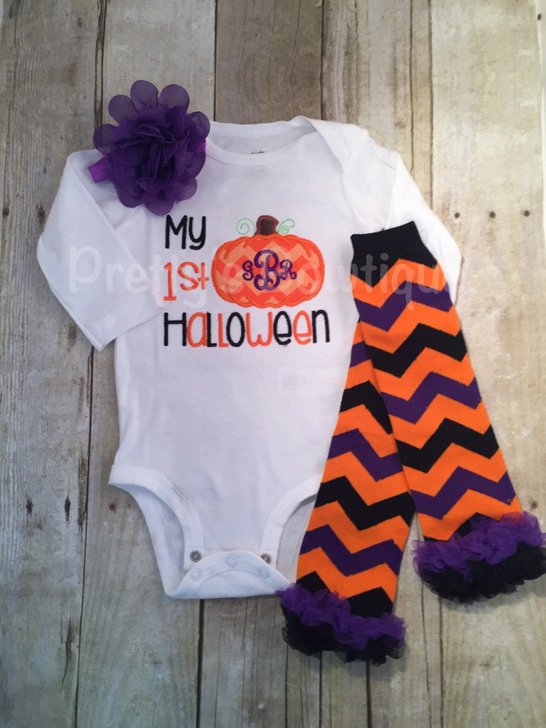 Baby 1st Halloween bodysuit or shirt - My 1st Halloween outfit bodysuit or shirt, headband and legwarmers. Monogram personalized PUMPKIN - Pretty's Bowtique