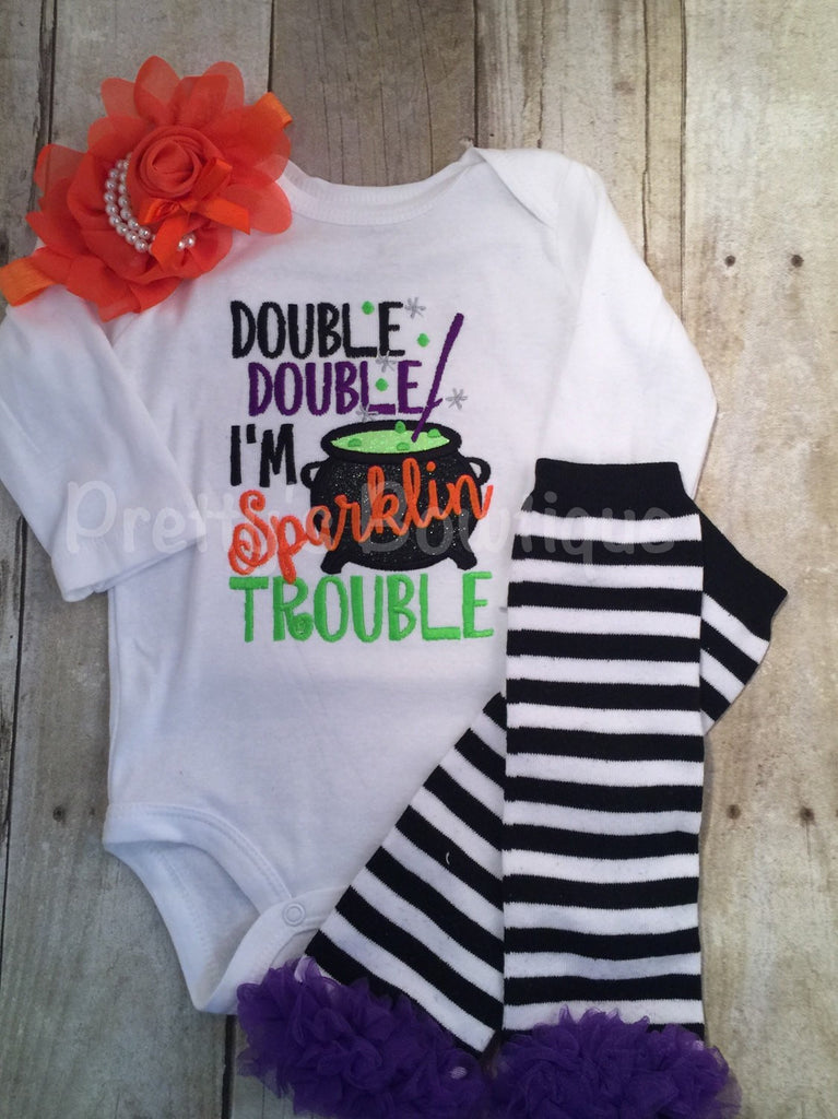 Double Double I'm sparklin trouble outfit bodysuit or shirt, headband and legwarmers. Halloween outfit - Pretty's Bowtique