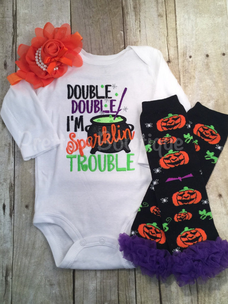 Girls Halloween shirt or bodysuit - Double Double I'm sparklin trouble outfit bodysuit or shirt, headband and legwarmers. Halloween outfit - Pretty's Bowtique