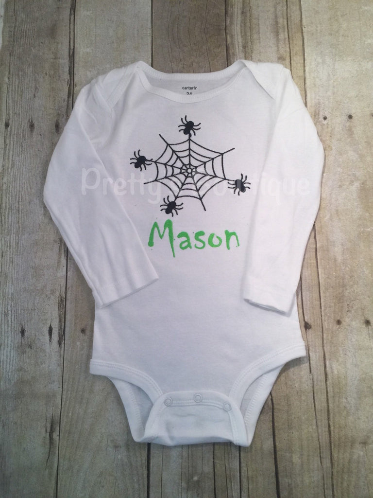Boys Halloween Shirt - Spider web personalized boys bodysuit or shirt Halloween - Pretty's Bowtique