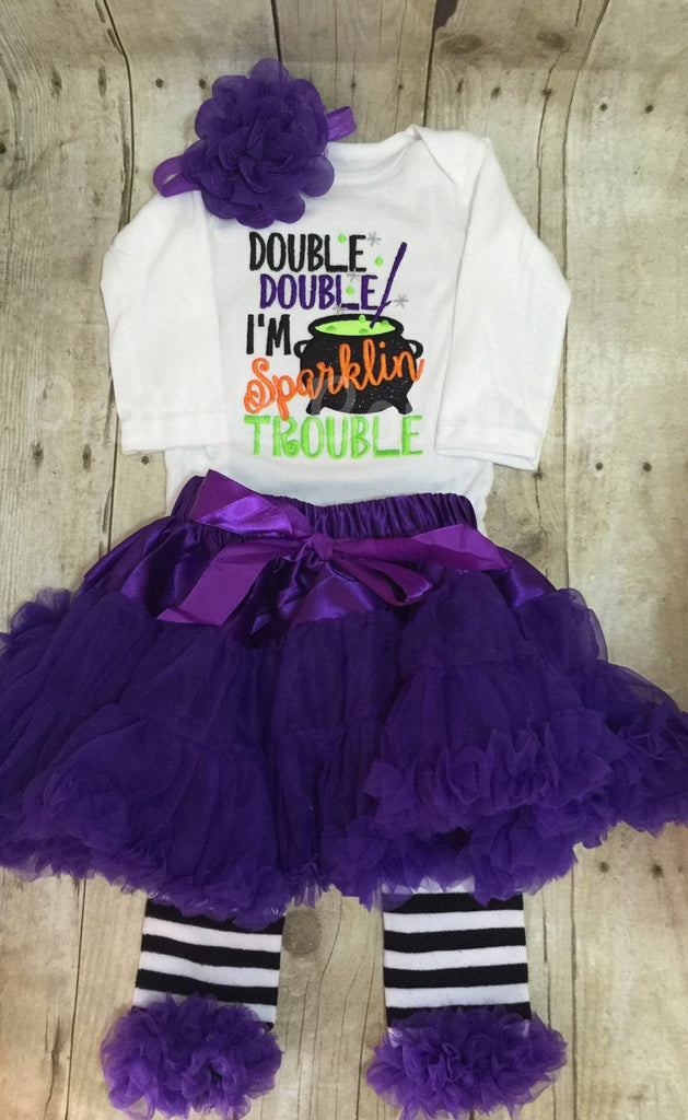 Girls Halloween outfit- Double Double I'm sparklin trouble outfit bodysuit or shirt, headband, petti skirt and legwarmers. Halloween outfit - Pretty's Bowtique
