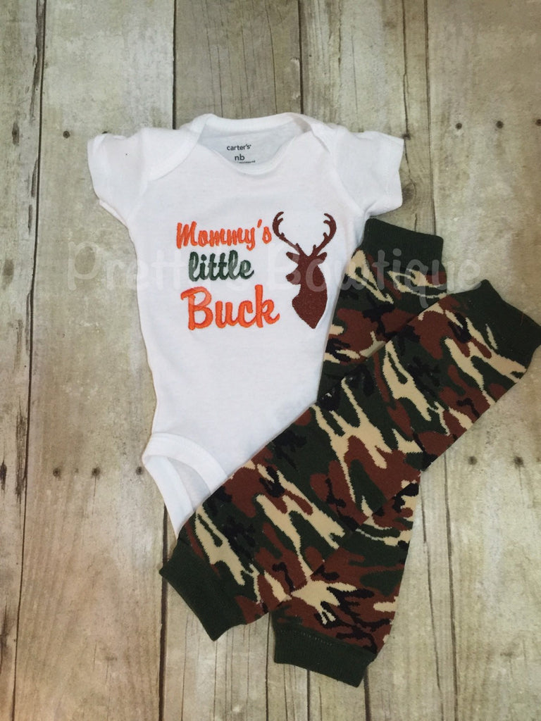 Mommy's Little Buck shirt or body suit and camo leg warmers camo-deer-hunting-little hunter - Pretty's Bowtique