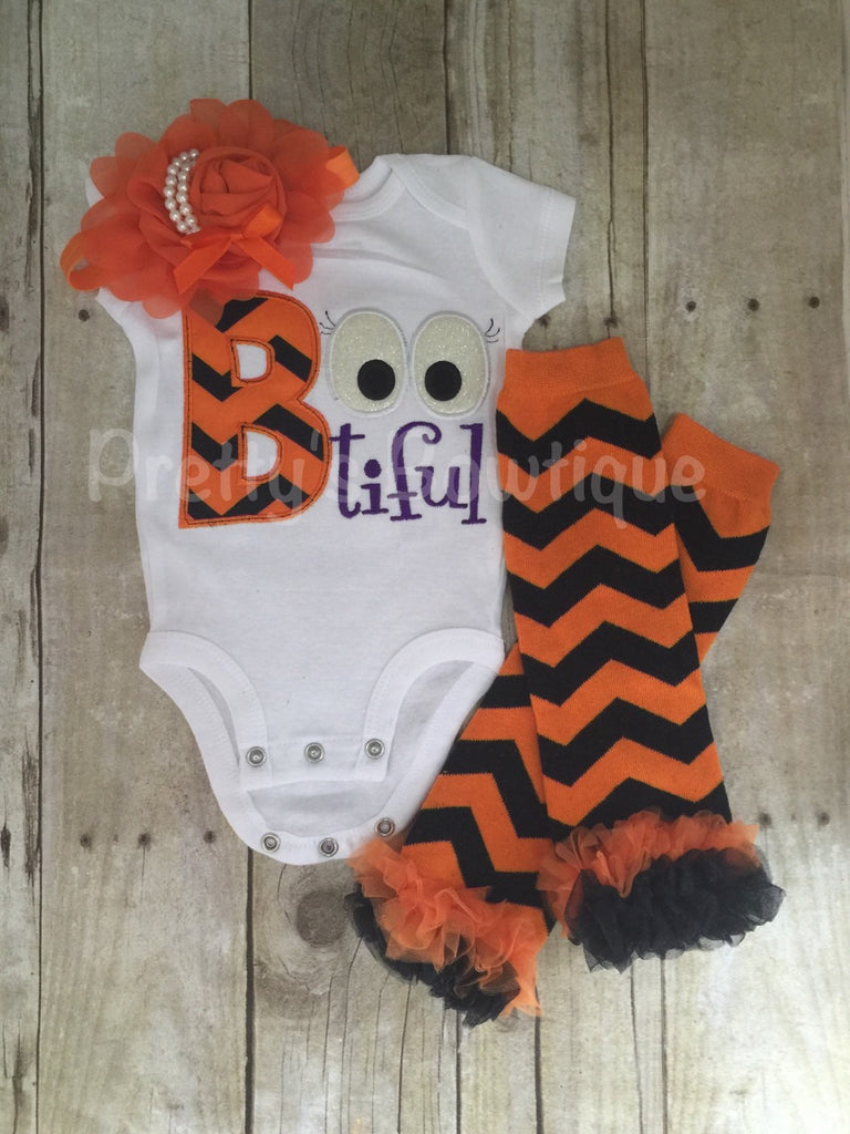 Bootiful Halloween Ghost shirt can be personalized outfit bodysuit or shirt, headband and legwarmers. Halloween outfit - Pretty's Bowtique