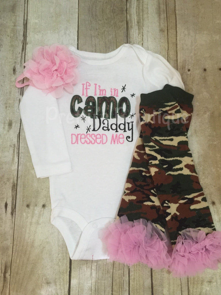 If I'm in Camo Daddy dressed me bodysuit, leg warmers and headband.  Pink Camo Can customize colors - Pretty's Bowtique