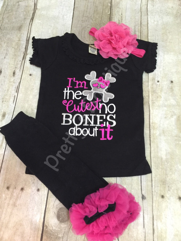 Skull crossbones I'm the cutest no bones about it Adorable Black shirt with headband and legwarmers - Pretty's Bowtique