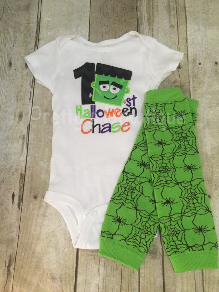 1st Halloween Frankenstein personalized boys outfit bodysuit or shirt and legwarmers. Halloween outfit **sale** - Pretty's Bowtique
