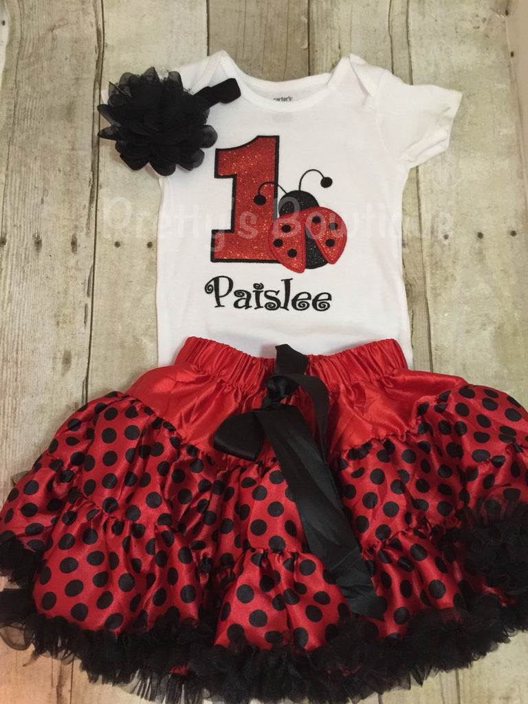Lady bug birthday set body suit or shirt, Petti Skirt Tutu, and headband.  This little outfit is adorable can be doen for any age ladybug. - Pretty's Bowtique