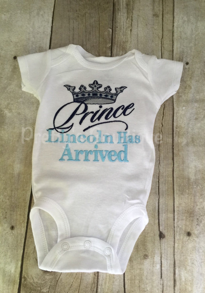The Prince has arrived personalized shirt or bodysuit.  Perfect for hospital or coming home outfit - Pretty's Bowtique