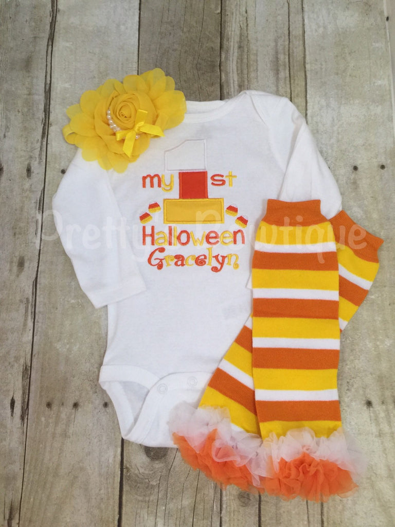 My 1st Halloween outfit bodysuit or shirt, headband and legwarmers. Candy corn my 1st - Pretty's Bowtique