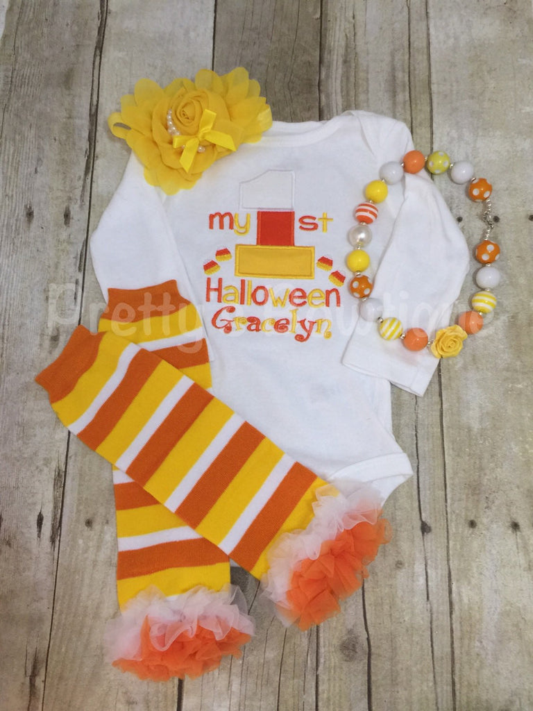 My 1st Halloween outfit bodysuit or shirt, headband, necklace and legwarmers. Candy corn my 1st - Pretty's Bowtique