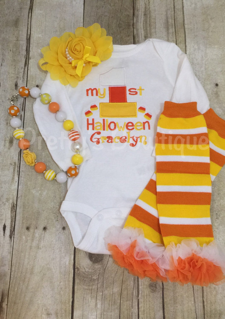 My 1st Halloween outfit bodysuit or shirt, headband, necklace and legwarmers. Candy corn my 1st - Pretty's Bowtique