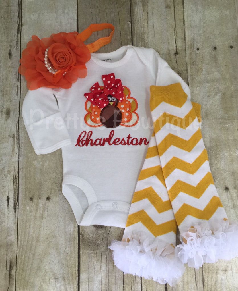 Thanksgiving Outfit Baby Girl – Turkey Embroidered Bodysuit, Headband & Legwarmers Set Personalized with Name - Pretty's Bowtique