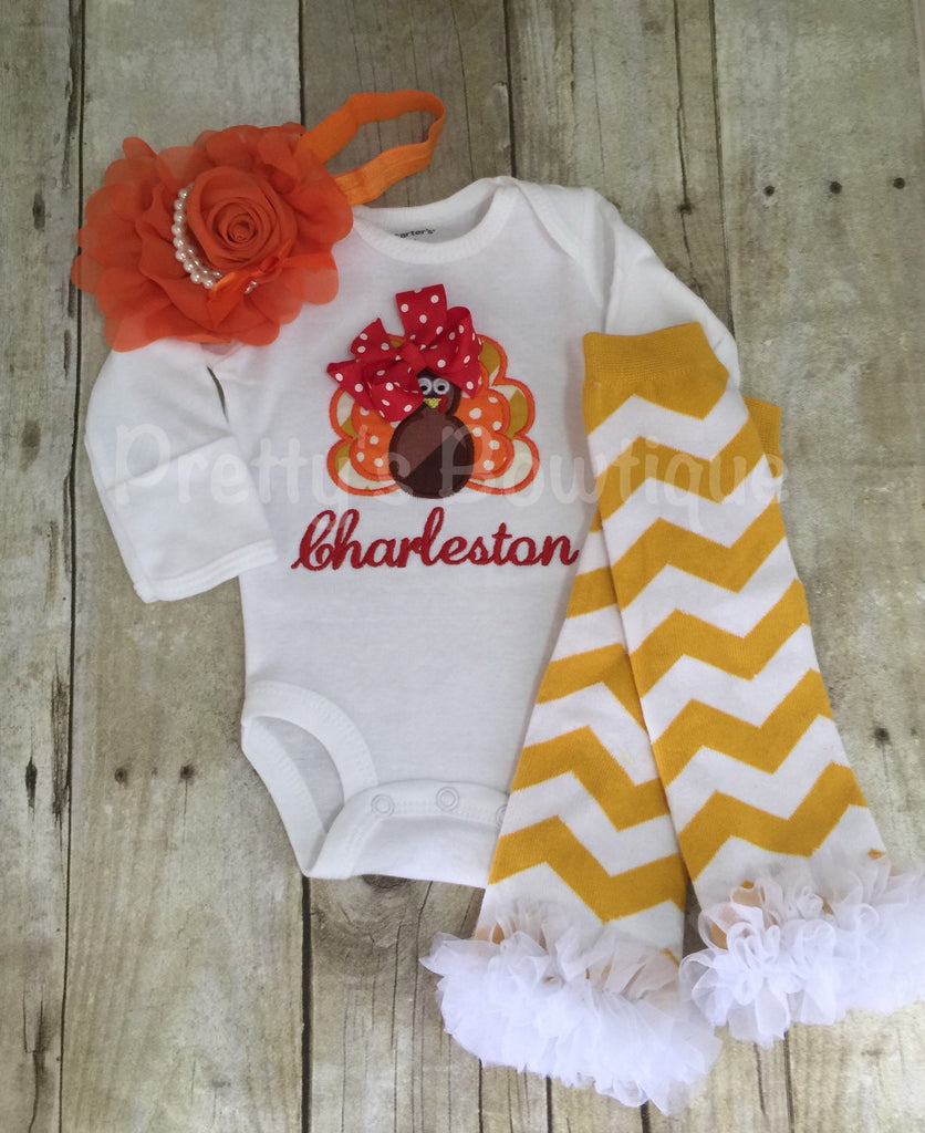 Thanksgiving Outfit Baby Girl – Turkey Embroidered Bodysuit, Bloomer, Headband & Legwarmers Set Personalized with Name - Pretty's Bowtique