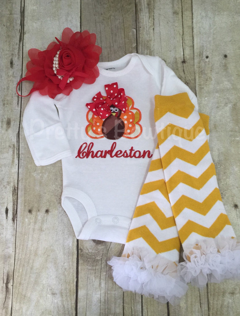 Girls Thanksgiving turkey bodysuit or shirt, headband and legwarmers babies, toddler, and children.  Turkey girl Big Bow - Pretty's Bowtique
