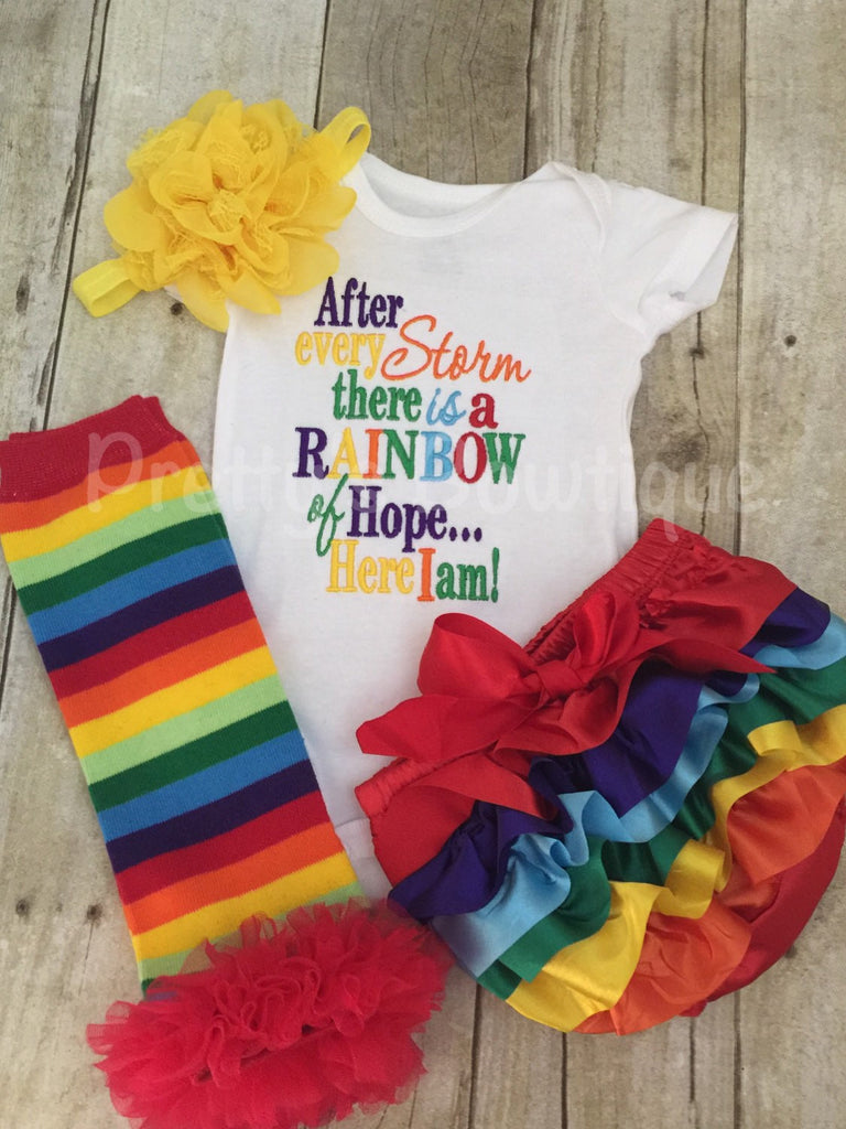 After every storm there is a rainbow of hope... Here i am! Bodysuit or shirt and matching ruffle leg-warmers, diaper cover and headband - Pretty's Bowtique