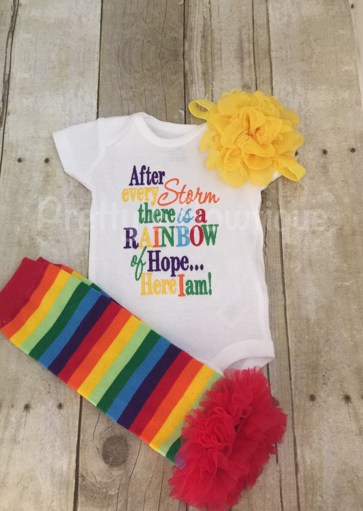 After every storm there is a rainbow of hope... Here i am! Bodysuit or shirt and matching ruffle leg-warmers, and headband - Pretty's Bowtique