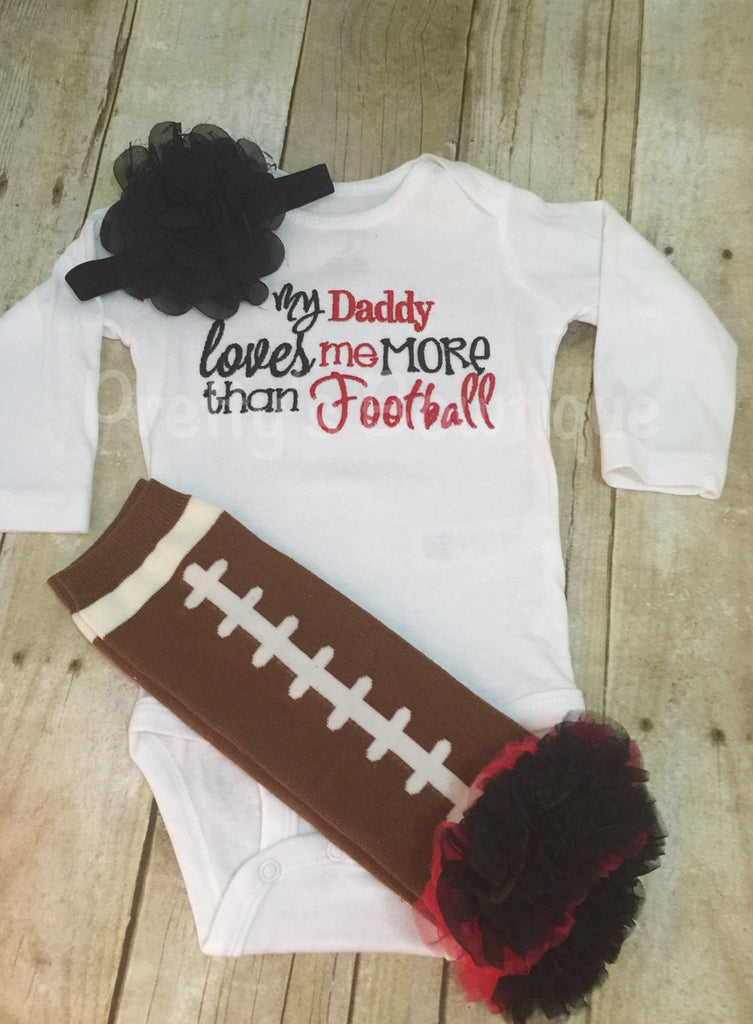 Girls Daddy loves me more than football bodysuit, legwarmers and headband -- Football outfit, football legwarmer, clothing gift - Pretty's Bowtique