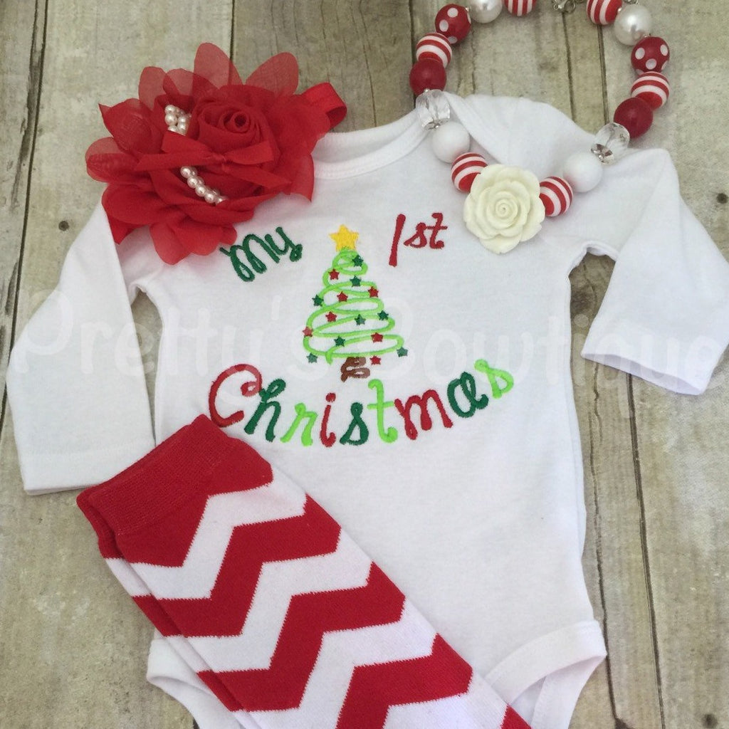 First Christmas Baby girl first Christmas Set Shirt, Legwarmers, Headband, and Necklace - Pretty's Bowtique