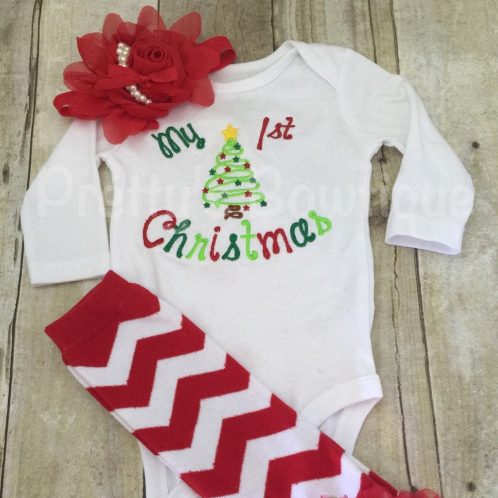 My First Christmas Outfit in Sizes Newborn to 2T - Bodysuit or Shirt with Leg Warmers and Headband - Pretty's Bowtique