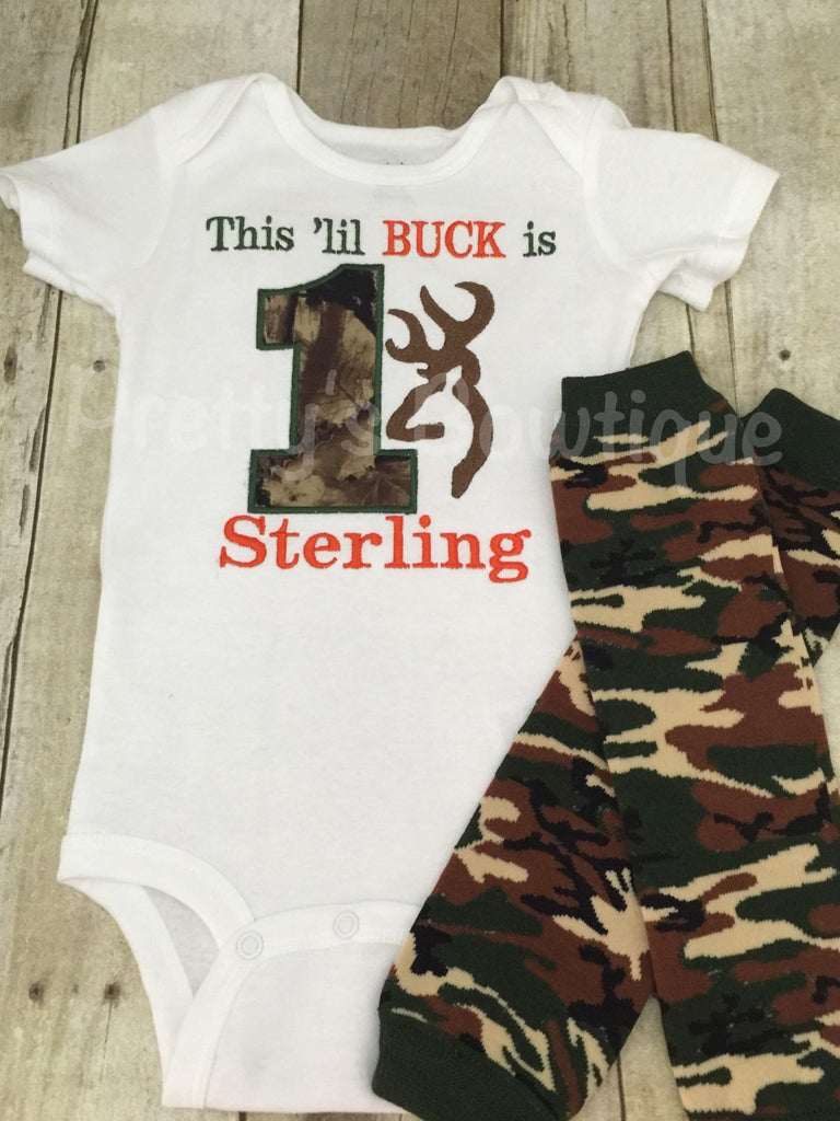 Boys Camo Hunting 1st birthday Shirt or bodysuit and legwarmers. This little buck is One - Pretty's Bowtique