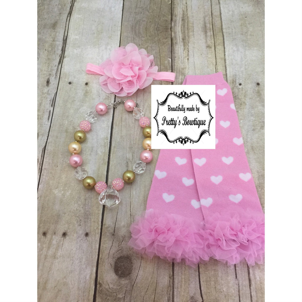 Chunky Bead Necklace - Baby legwarmers - Flower Headband you select pieces Pink& Gold hearts - Pretty's Bowtique