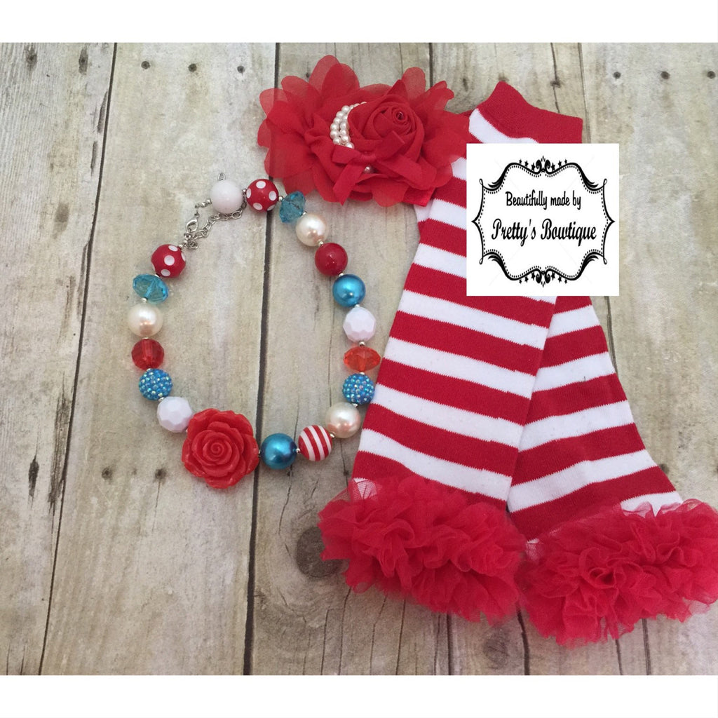 Thing 1 and Thing 2 Dr Seuss Accessories Set with Leg Warmers, Baby Headband & Chunky Bauble Necklace - Pretty's Bowtique
