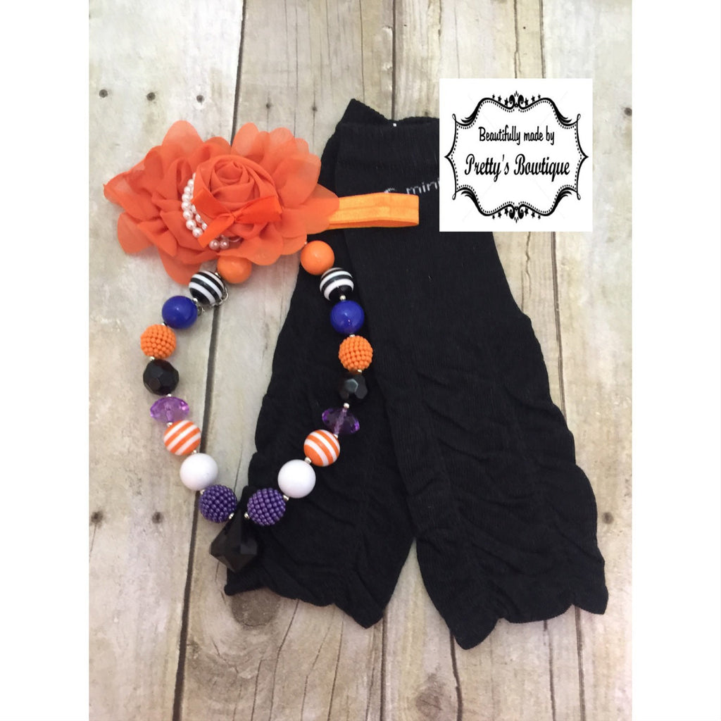 Halloween set Chunky Bead Necklace - Baby legwarmers - Flower Headband you select pieces Halloween outfit - Pretty's Bowtique