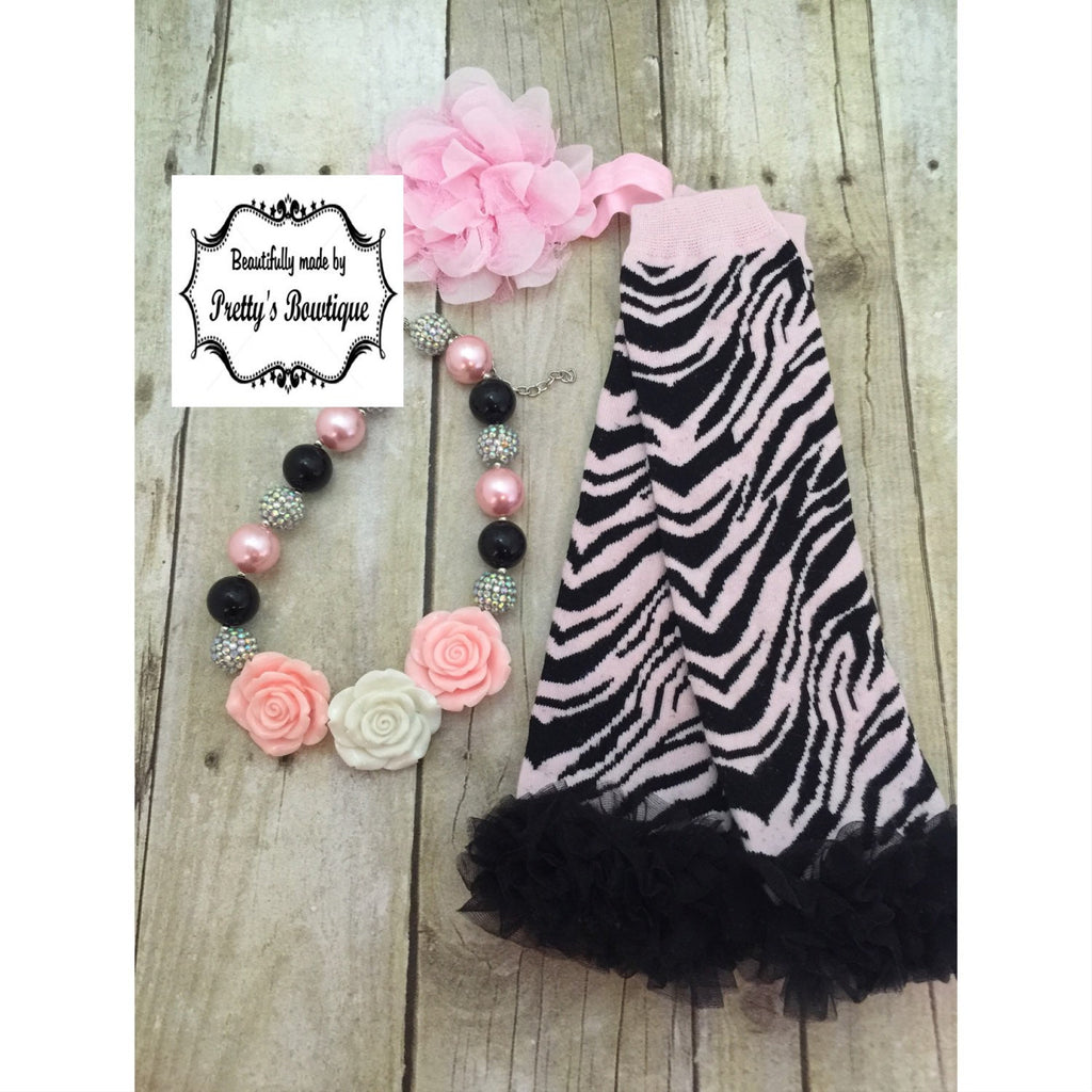 Chunky Bead Necklace - Baby legwarmers - Flower Headband you select pieces Pink Zebra set - Pretty's Bowtique
