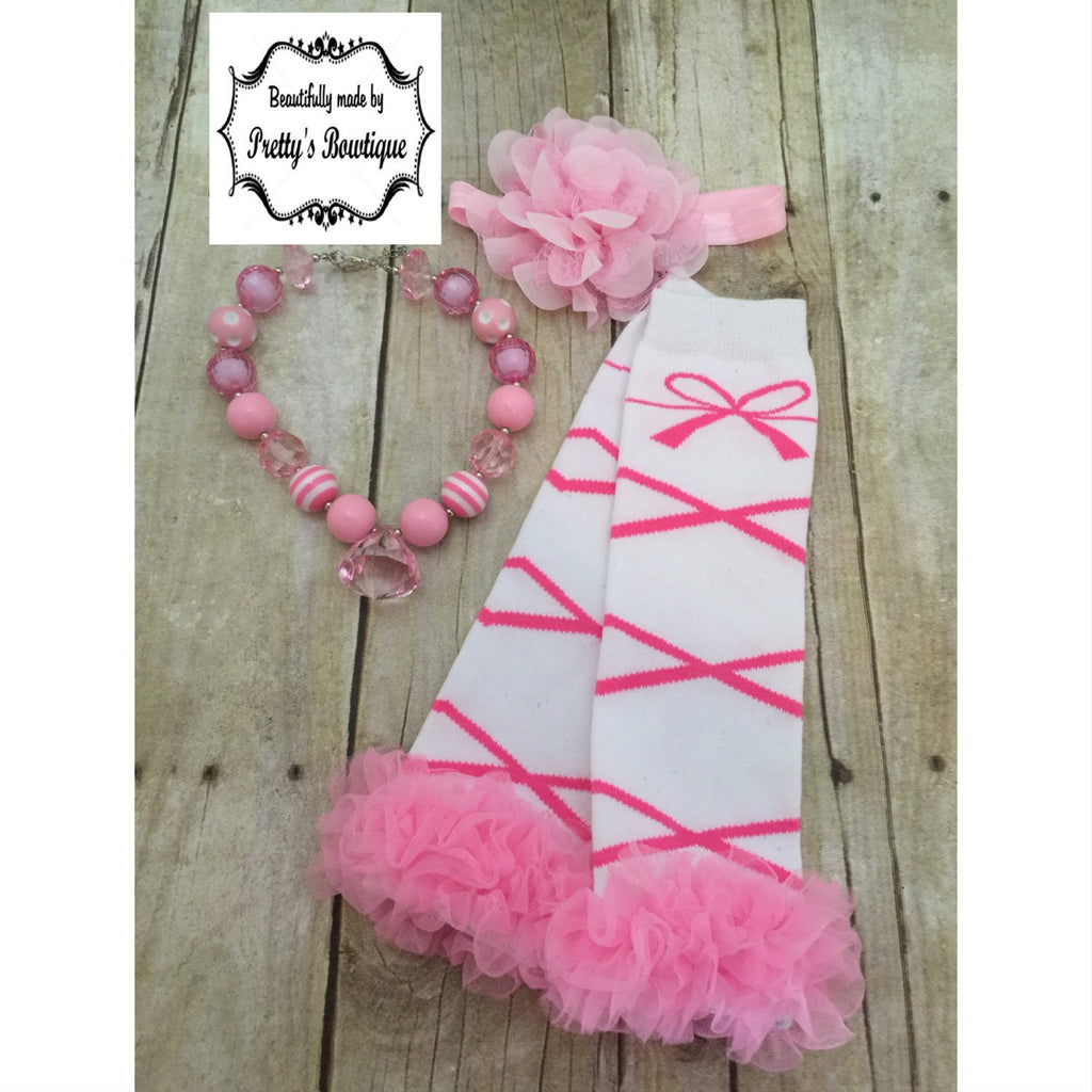 Chunky Bead Necklace - Baby legwarmers - Flower Headband you select pieces - Ballerina Pink set - Pretty's Bowtique