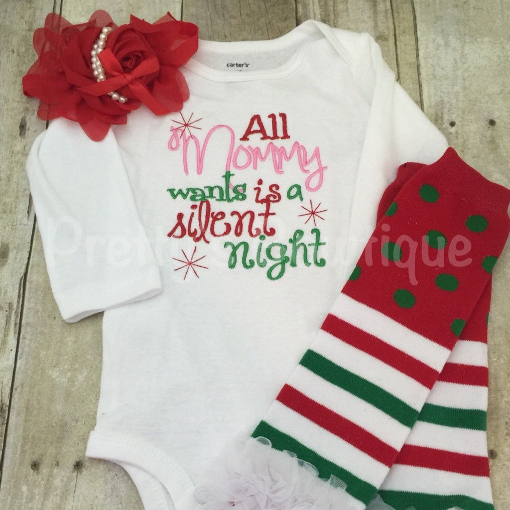 All Mommy Wants is a Silent Night Baby Girl Christmas Clothes -- Sizes Newborn to Youth – Bodysuit or Shirt with Leg Warmers & Headband - Pretty's Bowtique