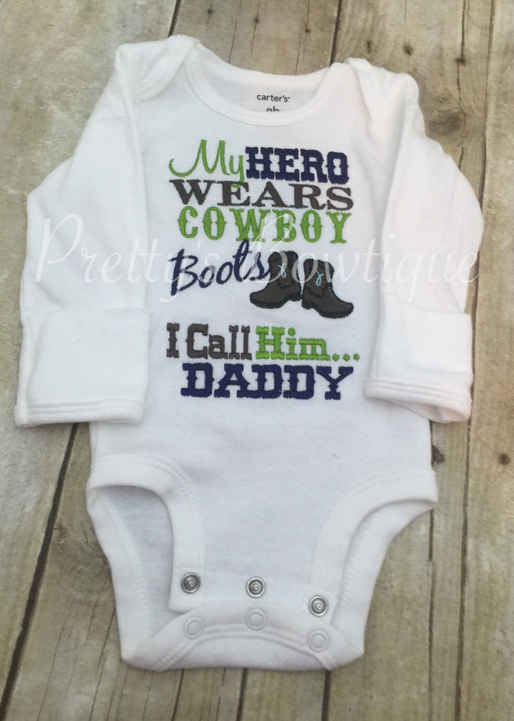 My hero wears cowboy boots bodysuit or shirt - custom embroidered shirt - Pretty's Bowtique