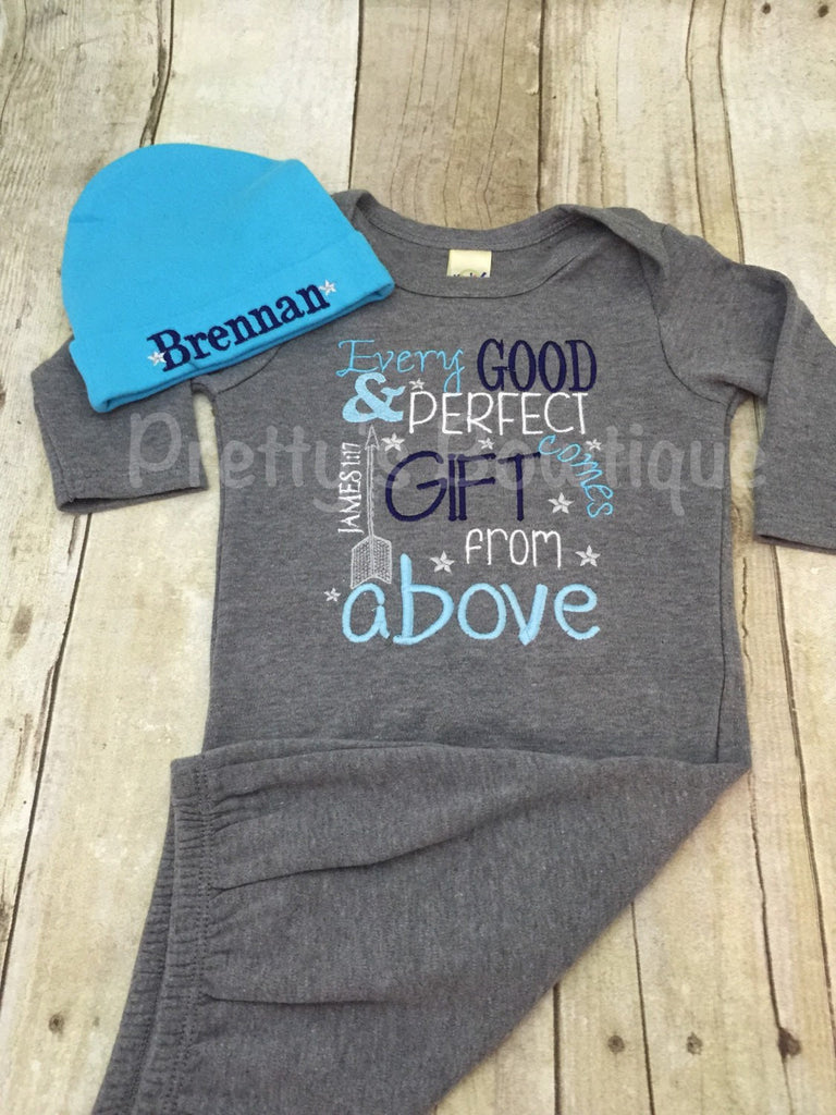 Newborn boy coming home outfit Every good and perfect gift comes from above James 1:27 gown and hat - Pretty's Bowtique