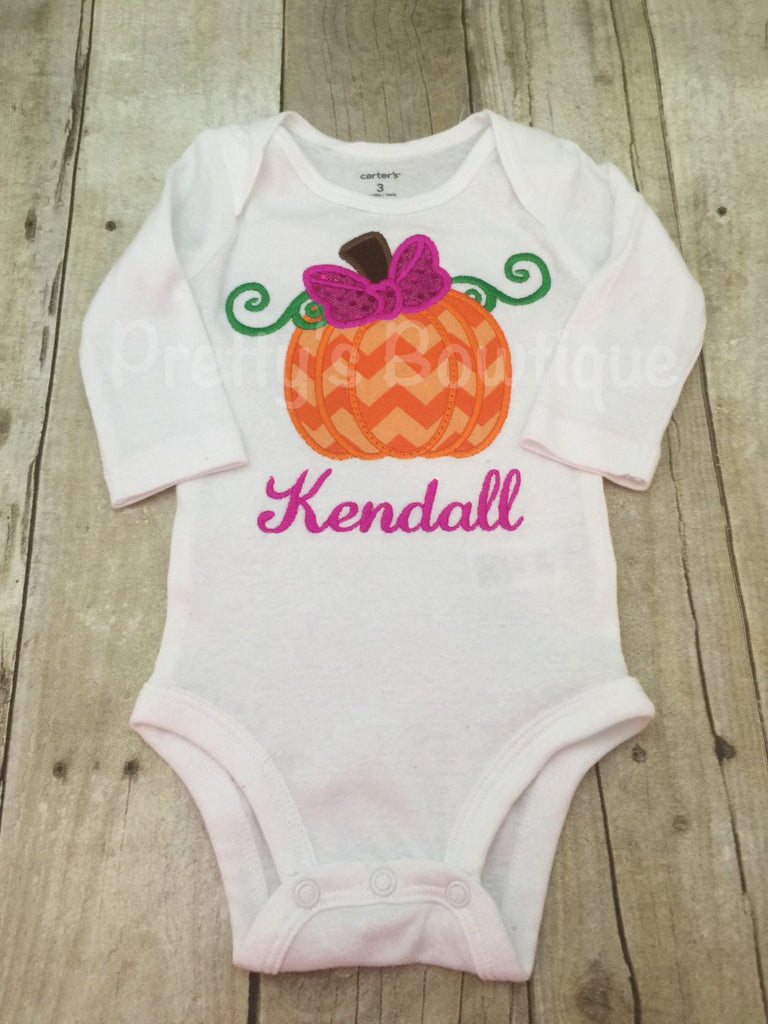 Girls Pumpkin Bodysuit or Shirt Personalized with sequin fabric bow - Girls Fall t shirt or bodysuit - Pretty's Bowtique