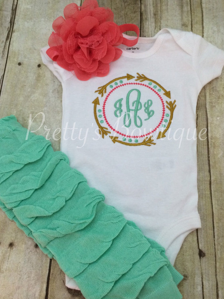 Girls Gold Arrow Monogram Shirt or Bodysuit and matching headband and legwarmers  - tribal aztec - Pretty's Bowtique