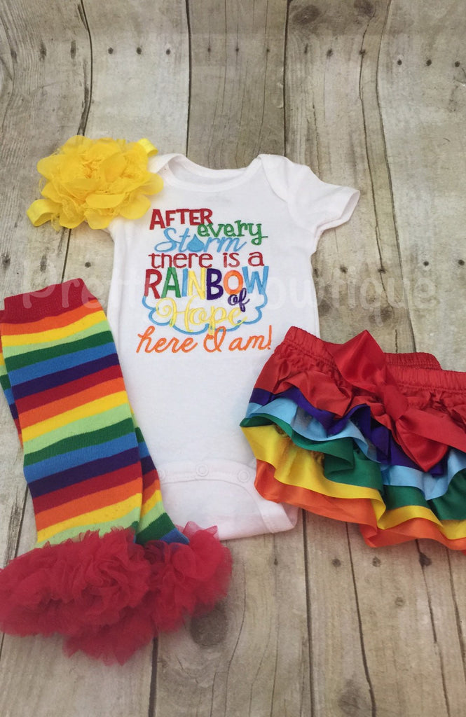 After every storm there is a rainbow of hope... Here i am! Bodysuit or shirt and matching ruffle leg-warmers, diaper cover and headband - Pretty's Bowtique