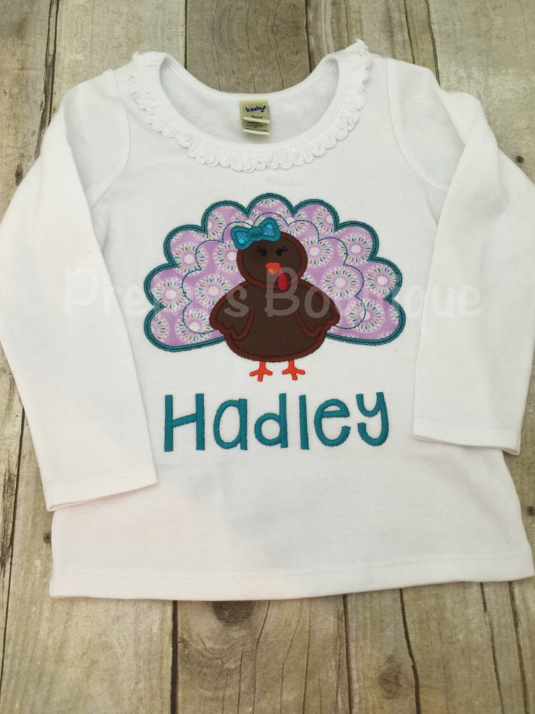 Girls Thanksgiving Shirt with Turkey and Personalized with Name - Sizes Newborn to Youth XL - Pretty's Bowtique