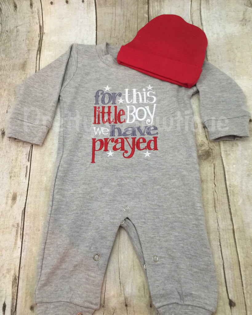 Baby Boy Coming Home Outfit -- For This Little Boy We Have Prayed Romper & Hat with Embroidered Name - Pretty's Bowtique