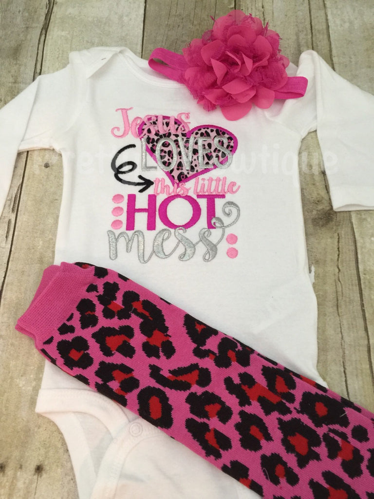 Jesus loves this little hot mess Bodysuit or t shirt, legwarmers and flower headband - Pretty's Bowtique
