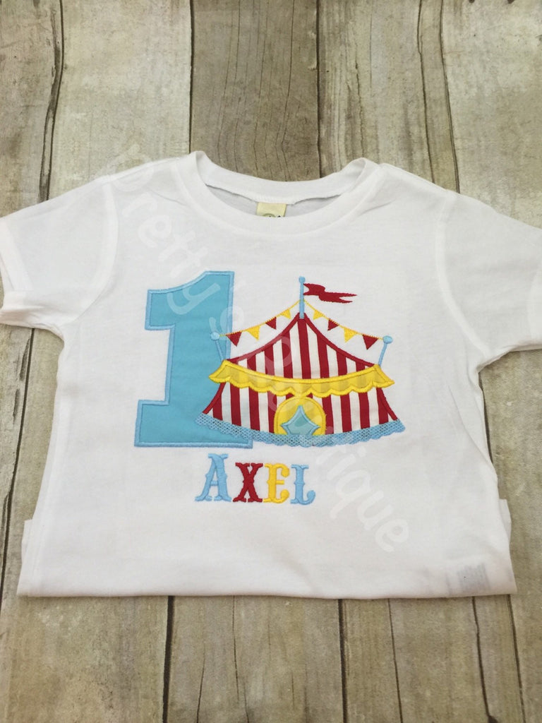 Boy Circus Under the BIG tent shirt.  Perfect for a trip to the circus or a Circus party bodysuit Light Blue, Red and Yellow - Pretty's Bowtique