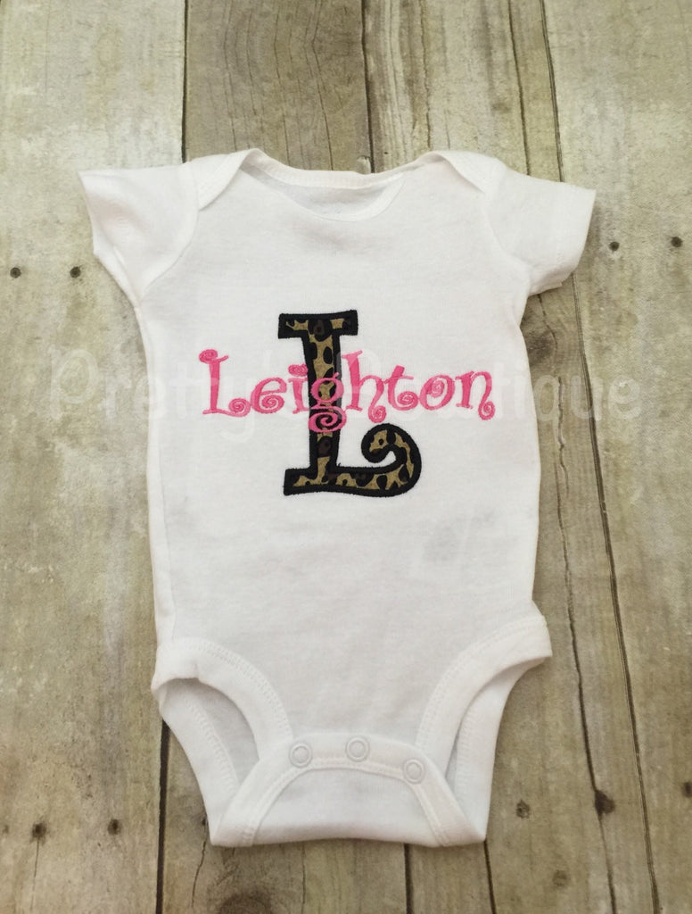 Leopard Initial Personalized Bodysuit or Shirt.  Can be customized to other color combos.  Newborn and up - Pretty's Bowtique