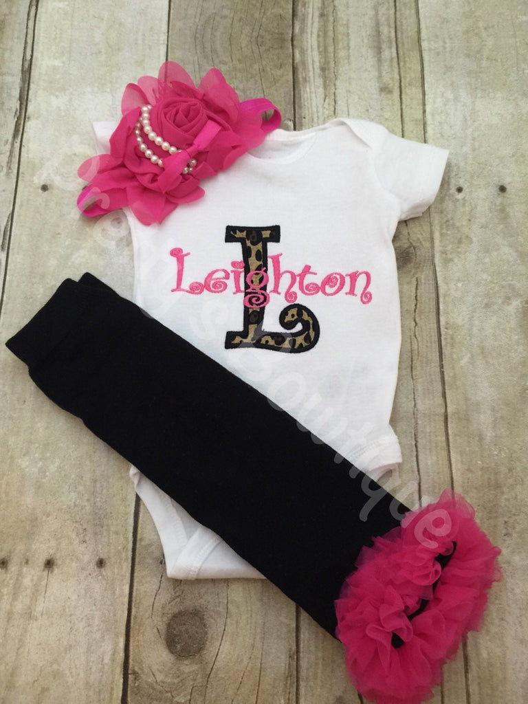 Leopard Initial Personalized Bodysuit or Shirt, legwarmers and headband.  Can be customized to other color combos.  Newborn and up - Pretty's Bowtique