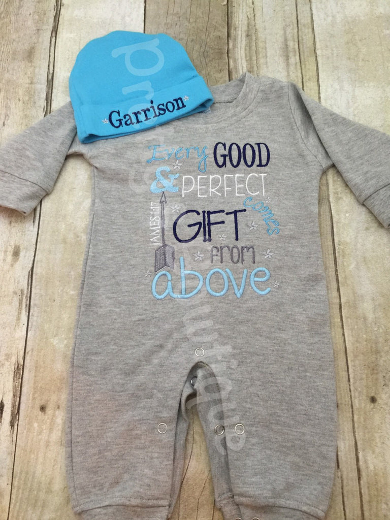 Baby Boy Coming Home Outfit -- Every good and perfect gift comes from above James 1:17 Romper & Hat with Embroidered Name - Pretty's Bowtique