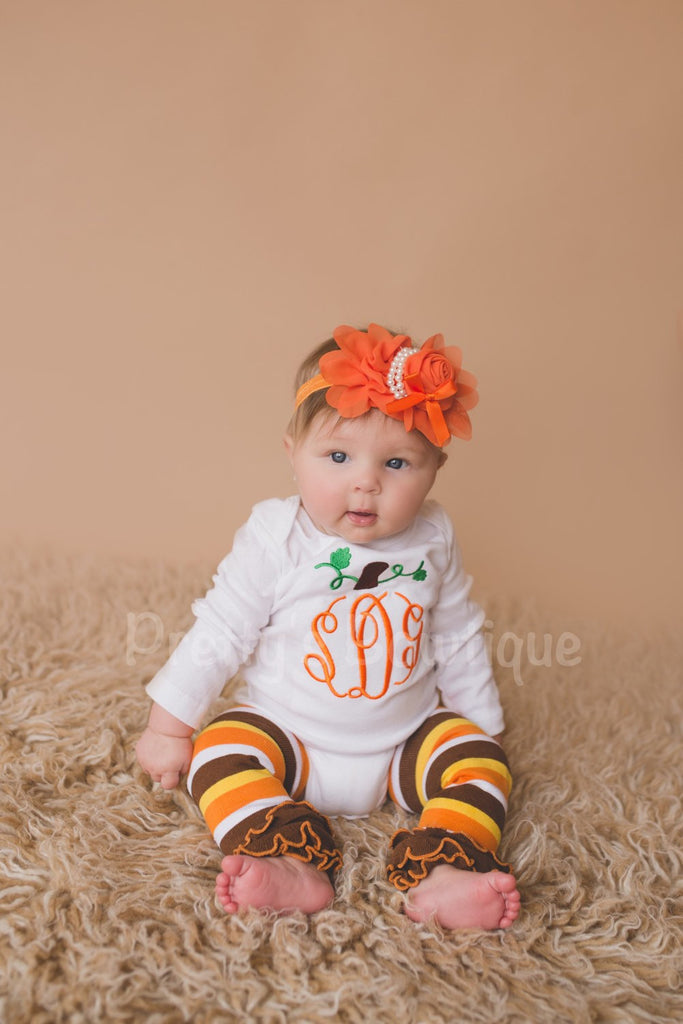 Girls monogram Pumpkin Shirt or bodysuit - Personalized Pumpkin Fall Shirt, headband and legwarmers - Pretty's Bowtique