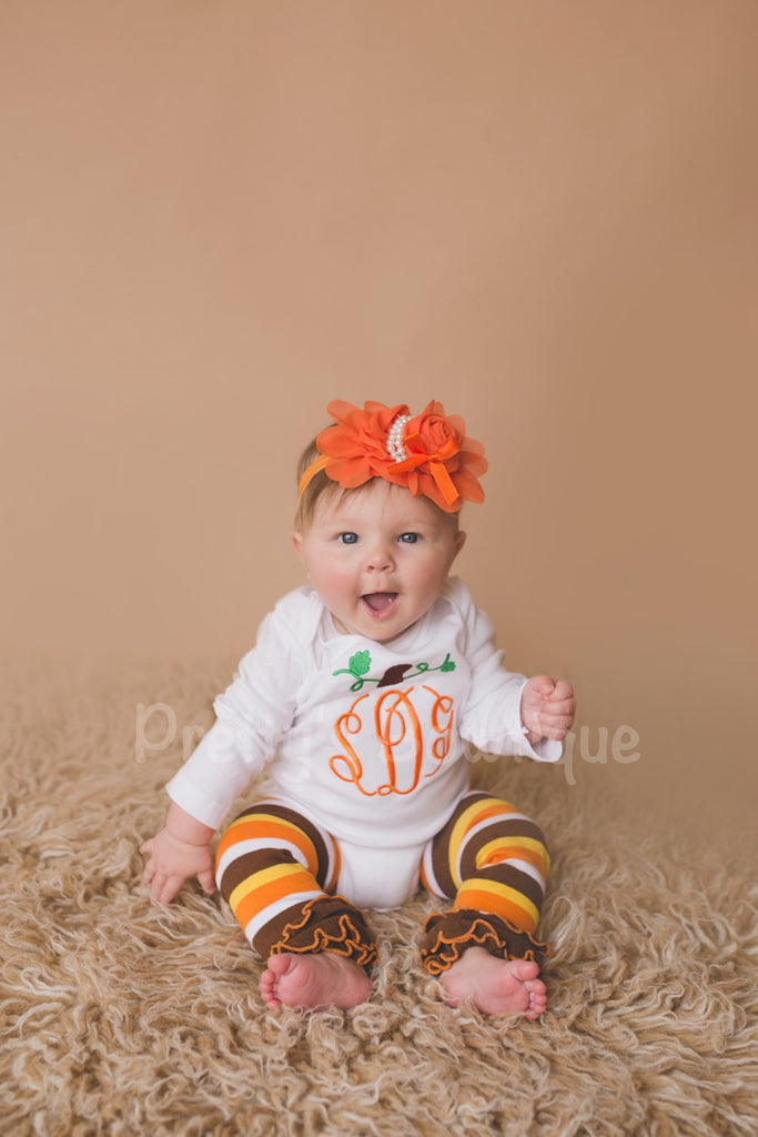 Girls monogram Pumpkin Shirt or bodysuit - Personalized Pumpkin Fall Shirt, headband and legwarmers - Pretty's Bowtique