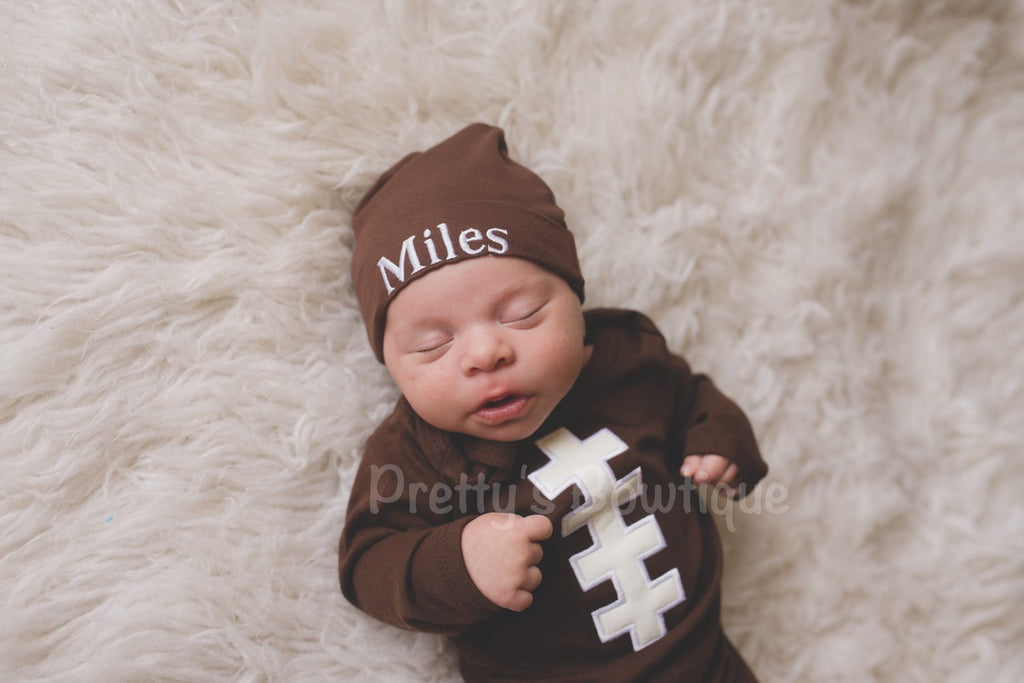 Baby Boy Coming Home Outfit -- Football Lace Gown & Hat with Embroidered Name -- Baby Boy Football outfit - Pretty's Bowtique