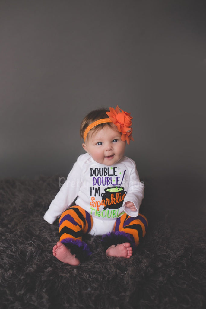 Baby girl Halloween outfit -- Double Double I'm sparklin trouble outfit bodysuit or shirt, headband and legwarmers. Halloween outfit - Pretty's Bowtique